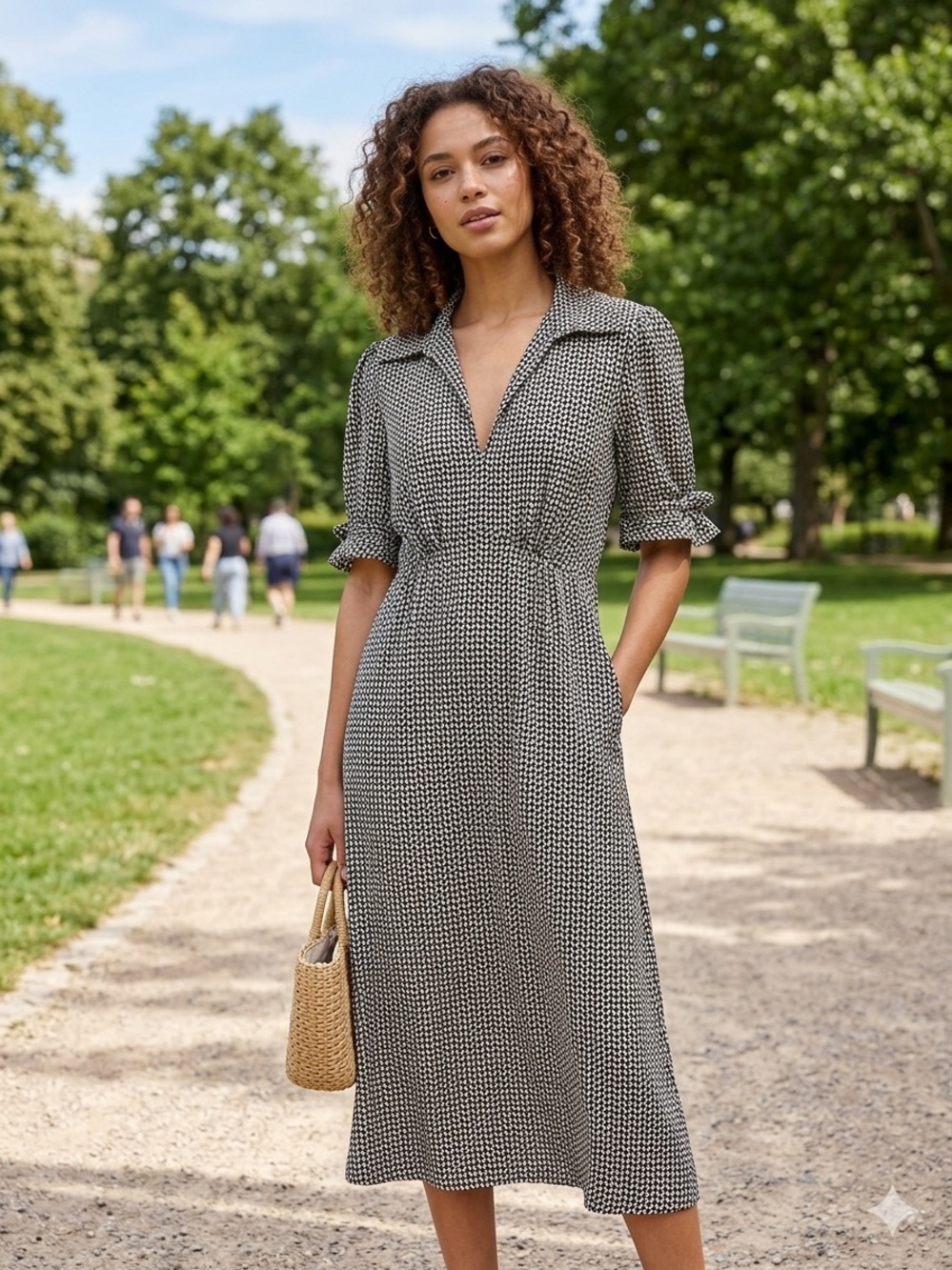 Max Studio Black and White Patterned Long Sleeve Midi Dress